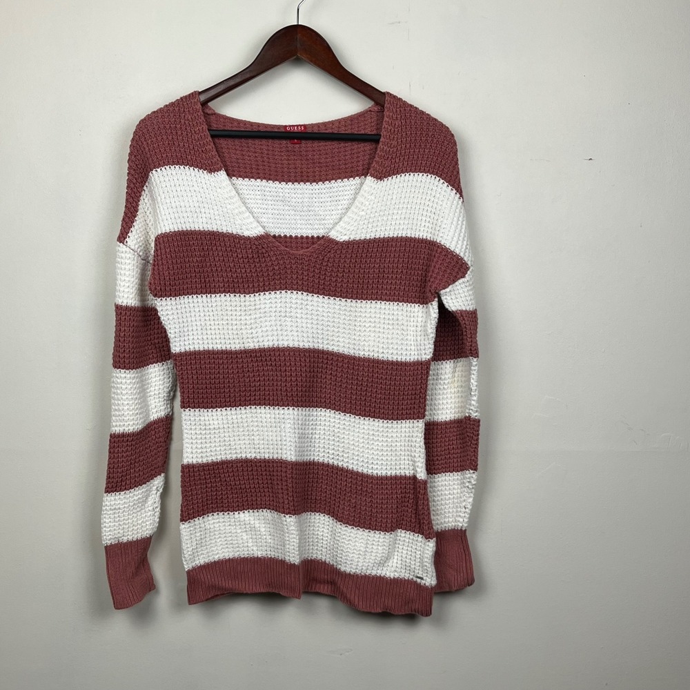 GUESS Striped V-Neck Waffle Knit Sweater S Pink White Coastal Grandma Preppy